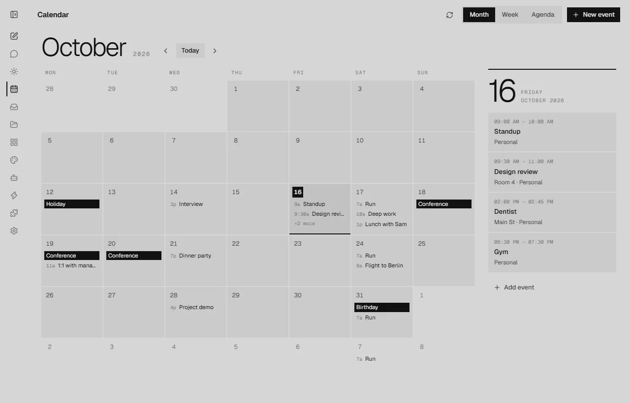 Orbit's month calendar with a day panel